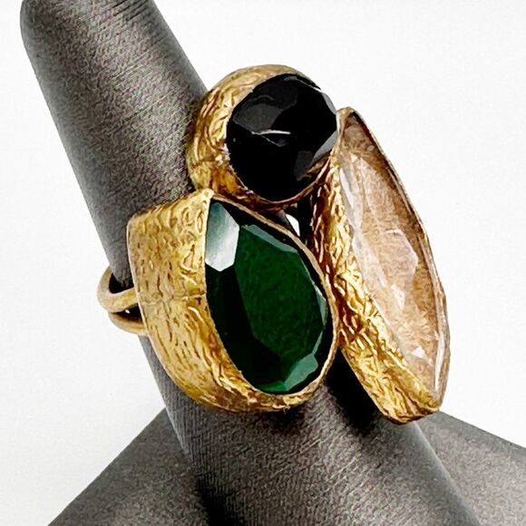 Triple Gemstone Cluster Cocktail Ring Statement Ring Brass - Picture 3 of 8